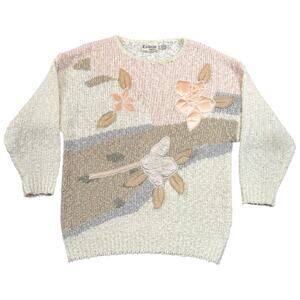 Vintage 80s 90s Floral Appliqué Knit Sweater Cream Pastel Size L
